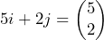\[ 5i + 2j = \begin{pmatrix}5\\2\end{pmatrix} \]