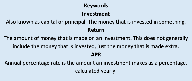 Interest Investment return and APR key terms